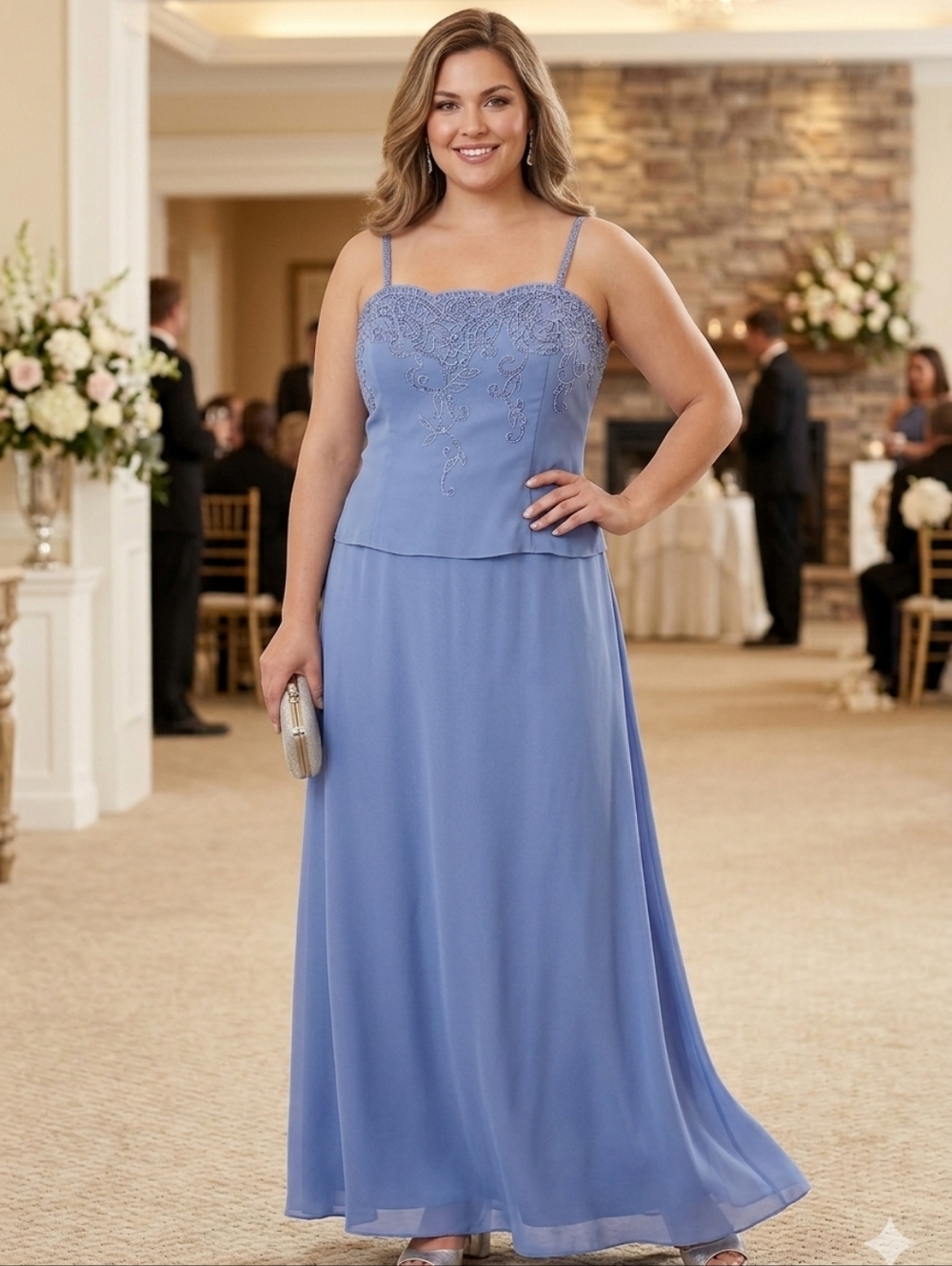 Nina Periwinkle Embroidered Spaghetti Strap Maxi Dress